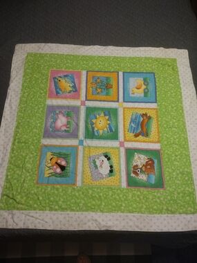 Handmade Cute Baby Animal Patchwork Quilt - Green, Yellow, Blue